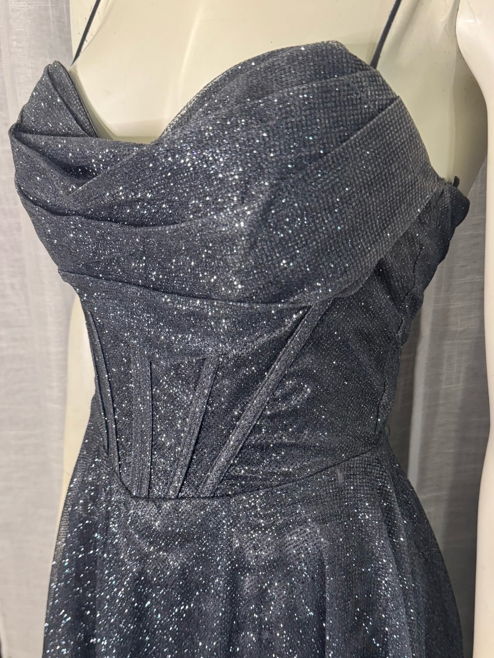 Charcoal Sparkly Corset Gown - Tie Back Dress with Long Train - Picture 2 of 11